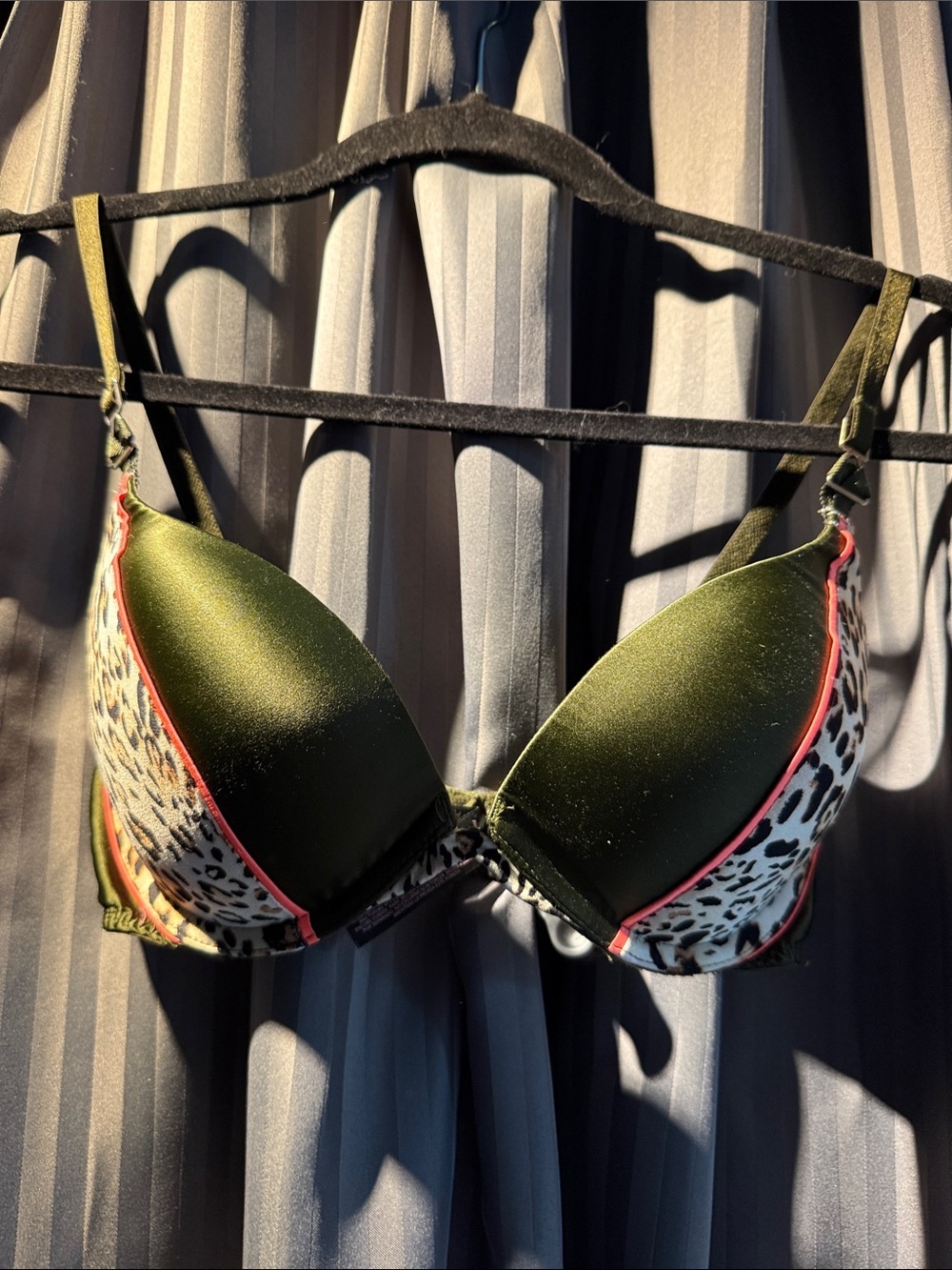 Olive Green Plunge Bra with Leopard Print & Coral Trim